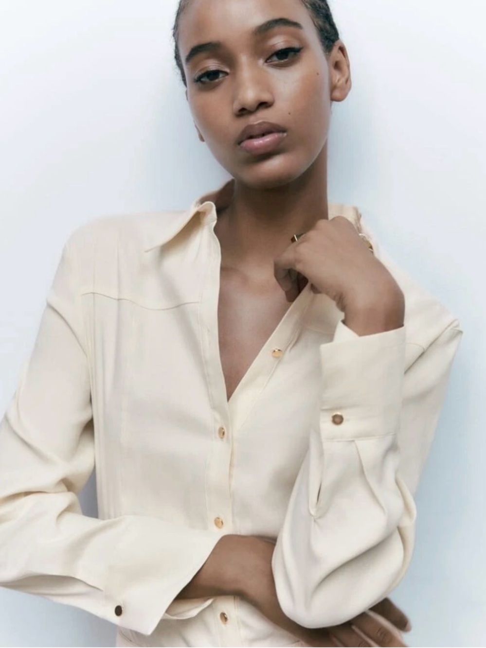 Zara Cream Button-Up Long Sleeve Top